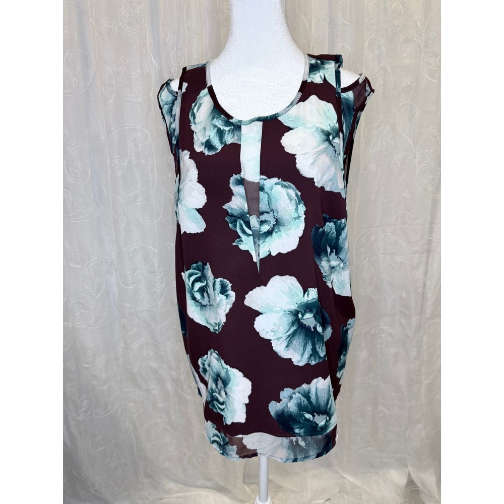 Simply Vera Vera Wang Burgundy Teal Floral Sleeveless Blouse XL High Low Hem